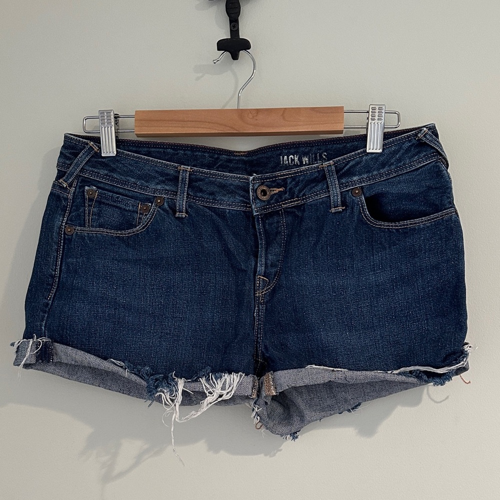 Jack Wills Dark Indigo Denim Distressed Cutoff Shorts, button fly.
